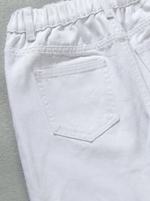 SHEIN Casuvi Kids Tween Boy Comfy Versatile Loose Straight White 100% Cotton Denim Bermuda Shorts,Holiday,Summer,Travel, School, Campus, College Summer Holiday - White - View 2