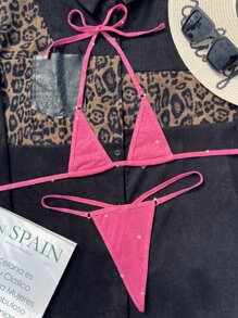 Swim SXY Summer Beach Glitter Bikini Set Halter Micro Triangle Bra Top & V-String Bikini Bottom 2 Piece Bathing Suit - Hot Pink - View 3