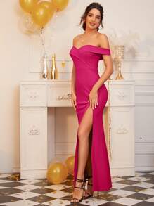 SHEIN Belle Foldover Off Shoulder Split Thigh Dress - Hot Pink - View 3