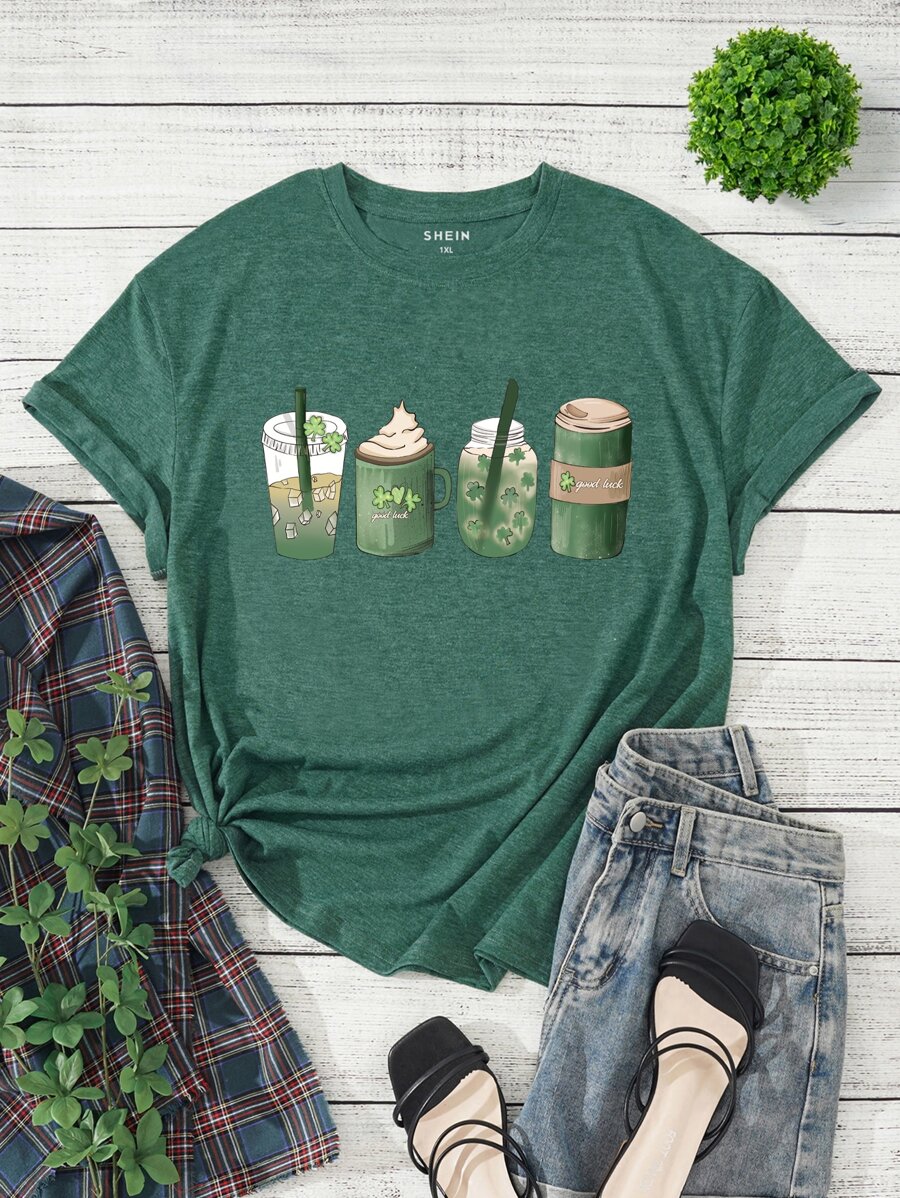 SHEIN LUNE Plus Clover And Beverages Print Tee - Dark Green - View 1