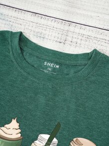SHEIN LUNE Plus Clover And Beverages Print Tee - Dark Green - View 4