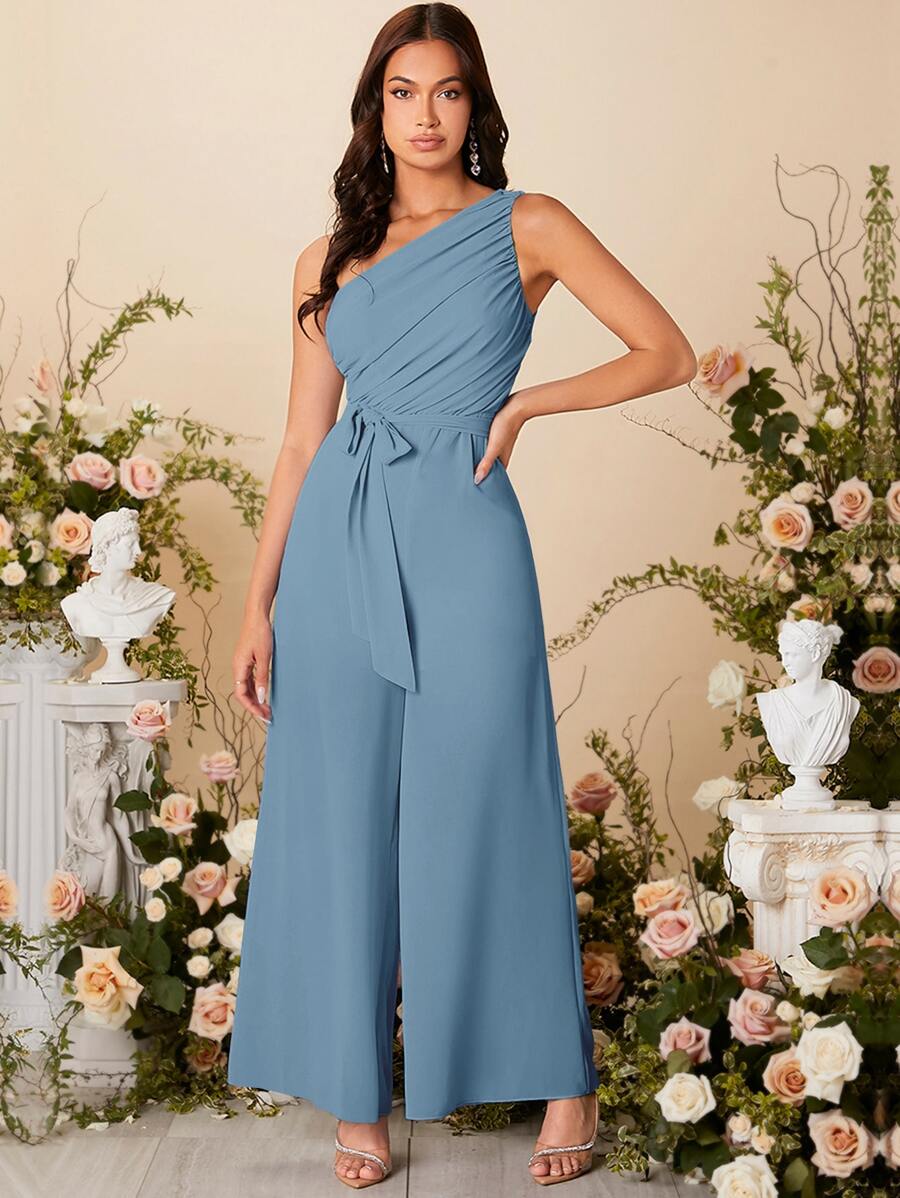 SHEIN Belle Áo liền quần nữ Thắt lưng Xù Dây kéo màu trơn Thanh lịch - Màu xanh bụi bặm - Xem 1
