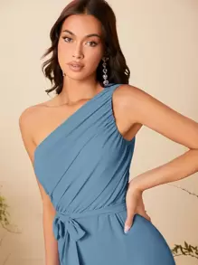 SHEIN Belle Áo liền quần nữ Thắt lưng Xù Dây kéo màu trơn Thanh lịch - Màu xanh bụi bặm - Xem 4
