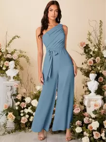 SHEIN Belle Áo liền quần nữ Thắt lưng Xù Dây kéo màu trơn Thanh lịch - Màu xanh bụi bặm - Xem 5
