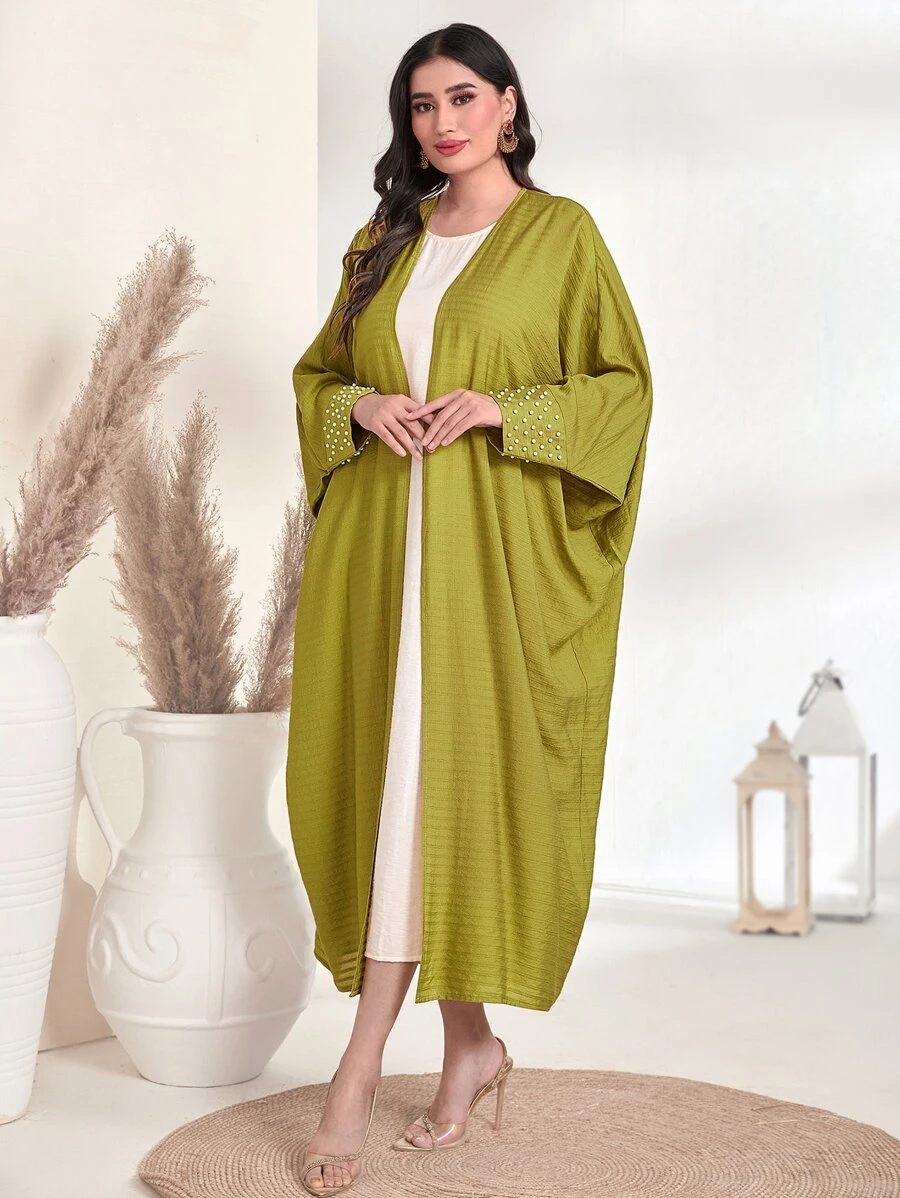 Al Najma Pearl Detail Batwing Sleeve Open Front Abaya - Olive Green - View 1