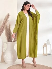 Al Najma Pearl Detail Batwing Sleeve Open Front Abaya - Olive Green - View 4