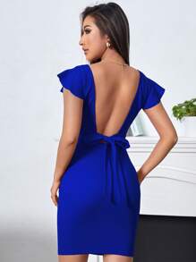 SHEIN Belle Đầm Lộ Lưng Xù Buộc lại màu trơn Thanh lịch - Xanh đậm - Xem 2