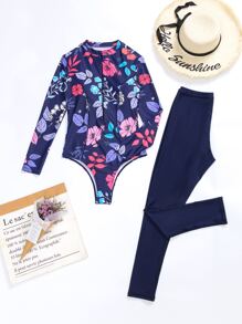 Floral Print Zipper Front One Piece Swimsuit - Multicolor - View 5