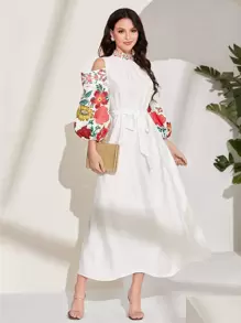 Al Najma Floral Print Cold Shoulder Belted Dress - White - View 1