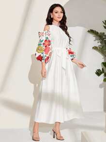 Al Najma Floral Print Cold Shoulder Belted Dress - White - View 3