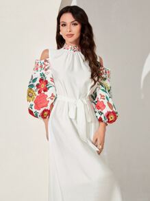 Al Najma Floral Print Cold Shoulder Belted Dress - White - View 4