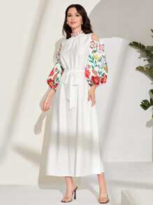 Al Najma Floral Print Cold Shoulder Belted Dress - White - View 5