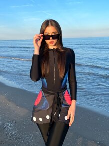 3pack Full Body Butterfly Print One Piece Swimsuit & Beach Skirt - Black - View 4