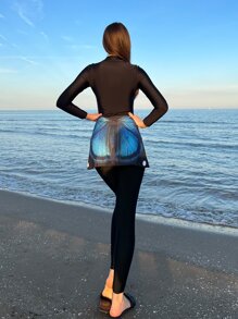 3pack Full Body Butterfly Print One Piece Swimsuit & Beach Skirt - Black - View 2