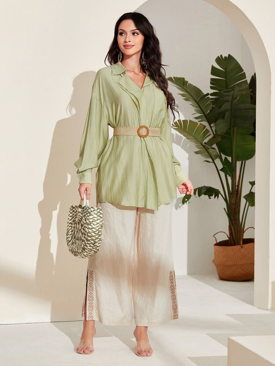 Mulvari 落肩袖口袋貼布襯衫不附腰帶 - 卡其色 - 查看 1