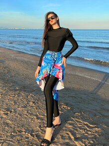 3 paquetes Camiseta rash de playa de verano con bajo de bajo a alto, estampado tropical y ribete de volantes - Multicolor - Ver 1