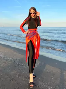 Swim Shayni Full Body Colorblock Burkini Swimsuit With Beach Skirt SummerArabic Clothing