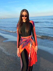 Swim Shayni Full Body Colorblock Burkini Swimsuit With Beach Skirt SummerArabic Clothing