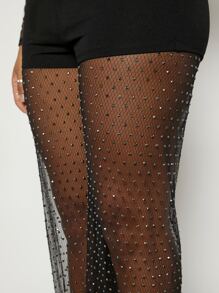 Hauture Rhinestone Detail Contrast Mesh Flare Leg Trousers - Black - View 4