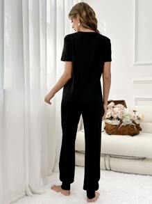 Letter Graphic Tee & Trousers Lounge Set - Black - View 2