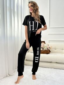 Letter Graphic Tee & Trousers Lounge Set - Black - View 3