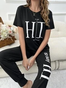 Letter Graphic Tee & Trousers Lounge Set - Black - View 5
