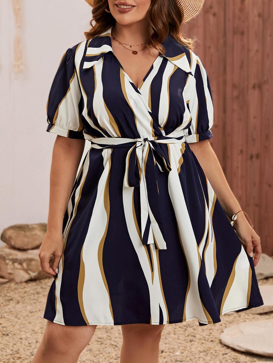 SHEIN LUNE Plus Colourblock Puff Sleeve Belted Dress - Multicolor - View 1