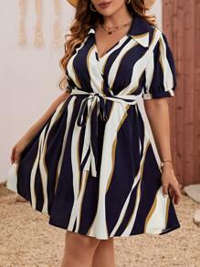 SHEIN LUNE Plus Colourblock Puff Sleeve Belted Dress - Multicolor - View 4