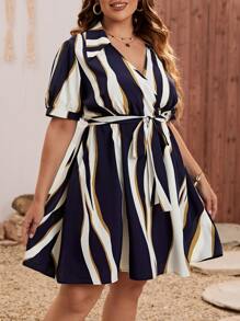 SHEIN LUNE Plus Colourblock Puff Sleeve Belted Dress - Multicolor - View 6