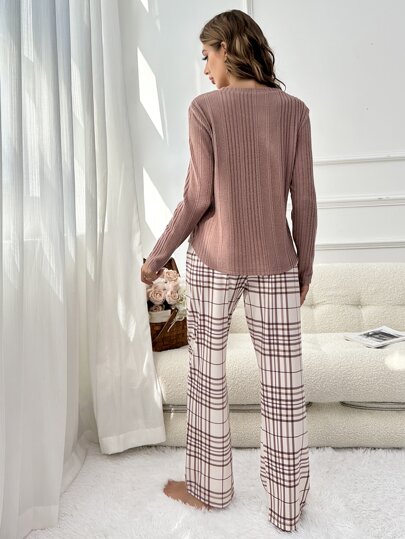 Rib Knit Top Plaid Print Pants Pajama Set, Fall Clothes view 2