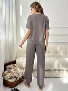 Slogan Graphic Drop Shoulder Tee & Trousers Lounge Set - Dark Grey - View 2