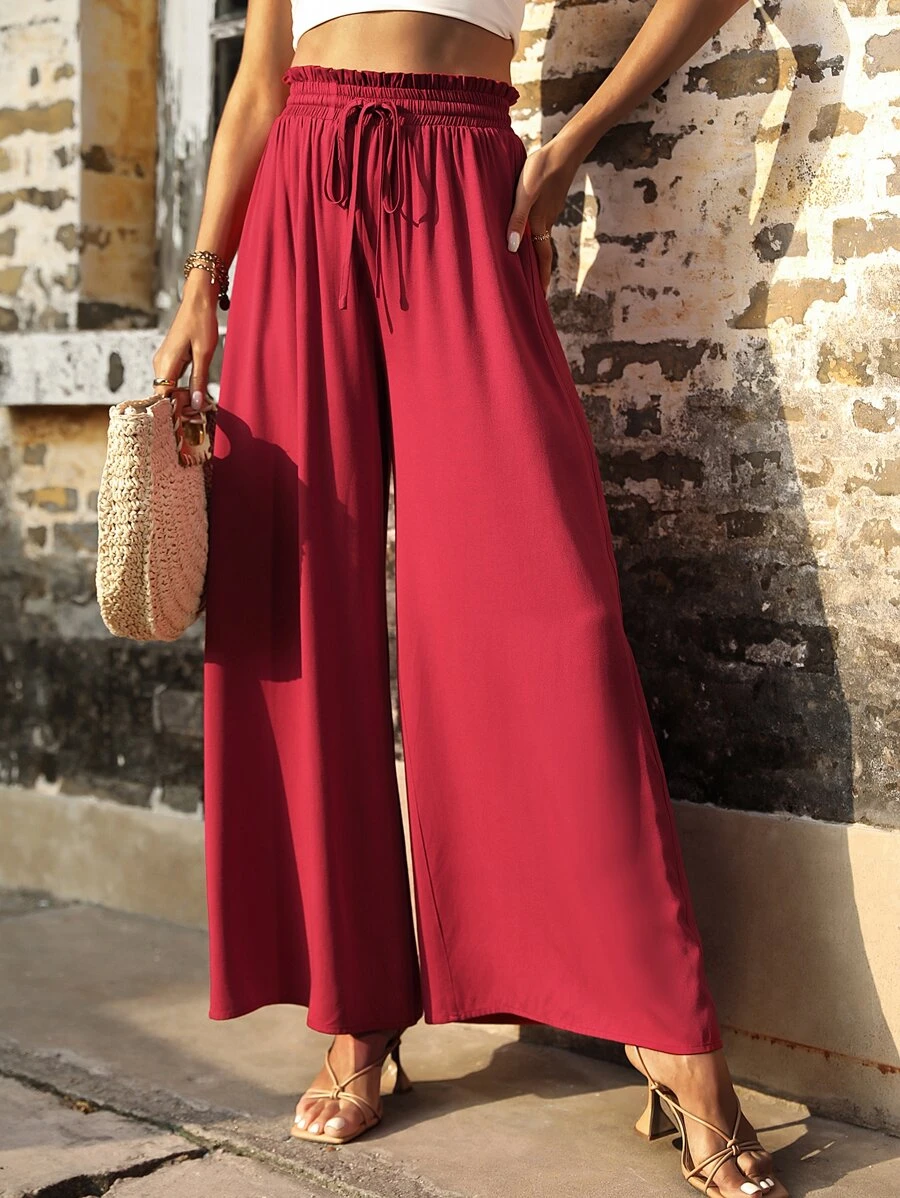 SHEIN VCAY Paperbag Waist Wide Leg Trousers - Burgundy - View 1