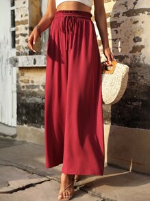 SHEIN VCAY Paperbag Waist Wide Leg Trousers - Burgundy - View 3