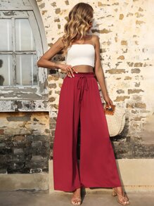 SHEIN VCAY Paperbag Waist Wide Leg Trousers - Burgundy - View 5