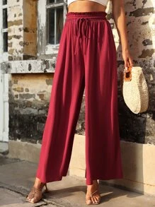 SHEIN VCAY Paperbag Waist Wide Leg Trousers - Burgundy - View 6