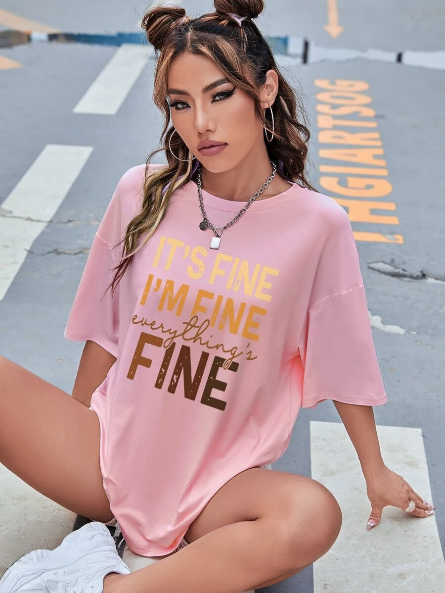 SHEIN EZwear 標語圖案落肩T恤 - 粉色 - 查看 1