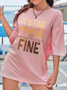 SHEIN EZwear 標語圖案落肩T恤 - 粉色 - 查看 3