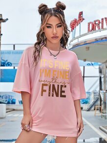 SHEIN EZwear 標語圖案落肩T恤 - 粉色 - 查看 5