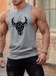 Manfinity Fitness 男友风格男士 Geo Cattle 印花运动背心 运动上衣 背心 Pac 基本款 T 恤 图案 T 恤 运动衫 图案男友风格男士 T 恤，男士健身背心，肌肉衫 男士运动上衣 透气 - 灰色 - 查看 1