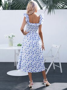 SHEIN VCAY Vestido con estampado floral ribete con fruncido - Azul y blanco - Ver 2