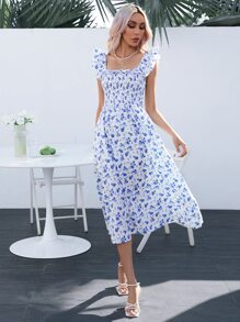 SHEIN VCAY Vestido con estampado floral ribete con fruncido - Azul y blanco - Ver 7