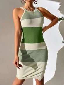 SHEIN Privé Colour Block Criss Cross Halter Neck Jumper Dress - Green - View 6