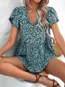 SHEIN LUNE 小碎花花瓣袖荷葉邊下擺襯衫