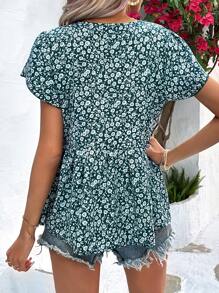 SHEIN LUNE 小碎花花瓣袖荷葉邊下擺襯衫