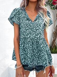 SHEIN LUNE 小碎花花瓣袖荷葉邊下擺襯衫