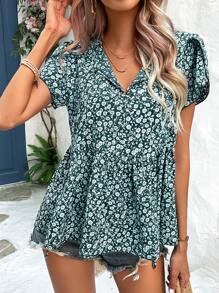 SHEIN LUNE 小碎花花瓣袖荷葉邊下擺襯衫