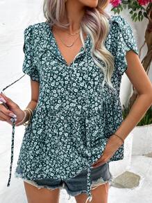 SHEIN LUNE 小碎花花瓣袖荷葉邊下擺襯衫