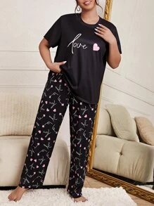 SHEIN Plus Heart & Letter Graphic Top & Pants PJ Set, Pajama Set - Black - View 3