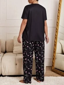 SHEIN Plus Heart & Letter Graphic Top & Pants PJ Set, Pajama Set - Black - View 2