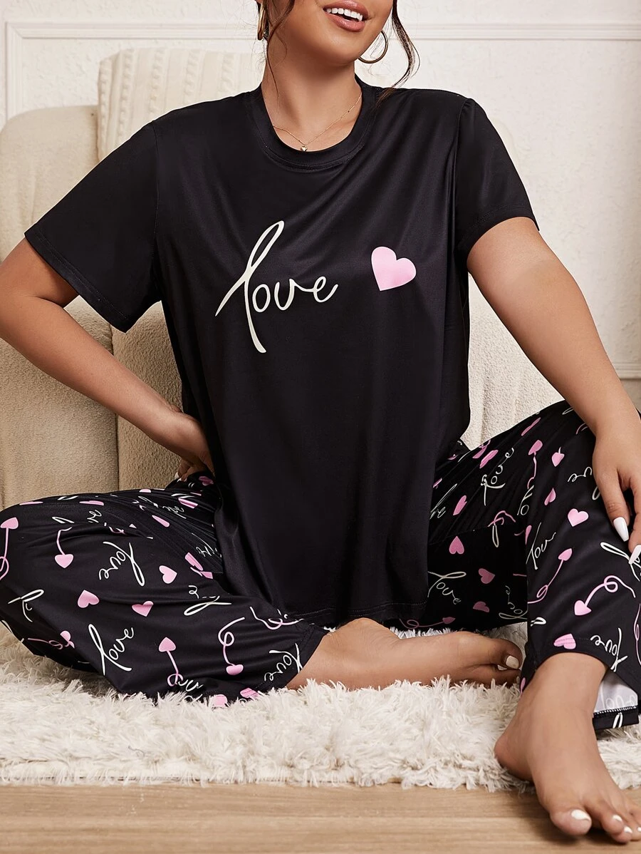 SHEIN Plus Heart & Letter Graphic Top & Pants PJ Set, Pajama Set - Black - View 1